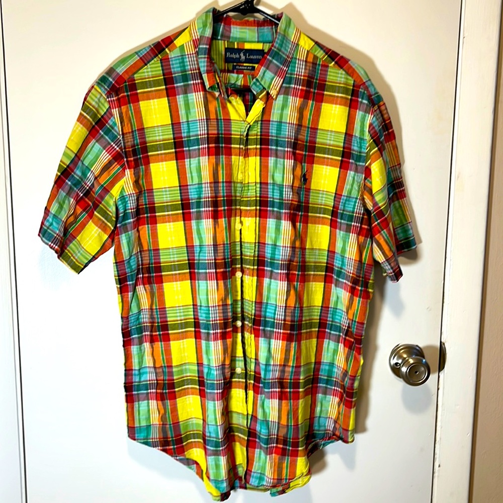 Plaid Polo by Ralph Lauren short sleeve button up, Classic fit vibrant sz Large